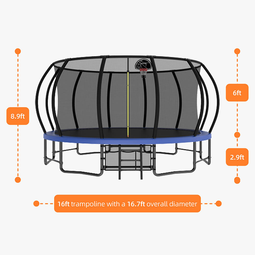 the widest diameter of the 16ft trampoline is 16.7ft, the height of the net is 6ft, the leg height is 2.9ft.