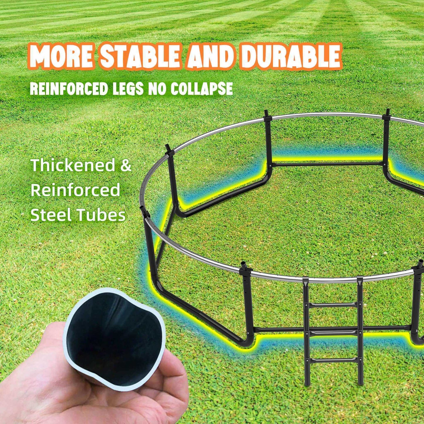 MyFunGear trampoline frame is more stable and durable, featuring thickened and reinforced steel tubing.