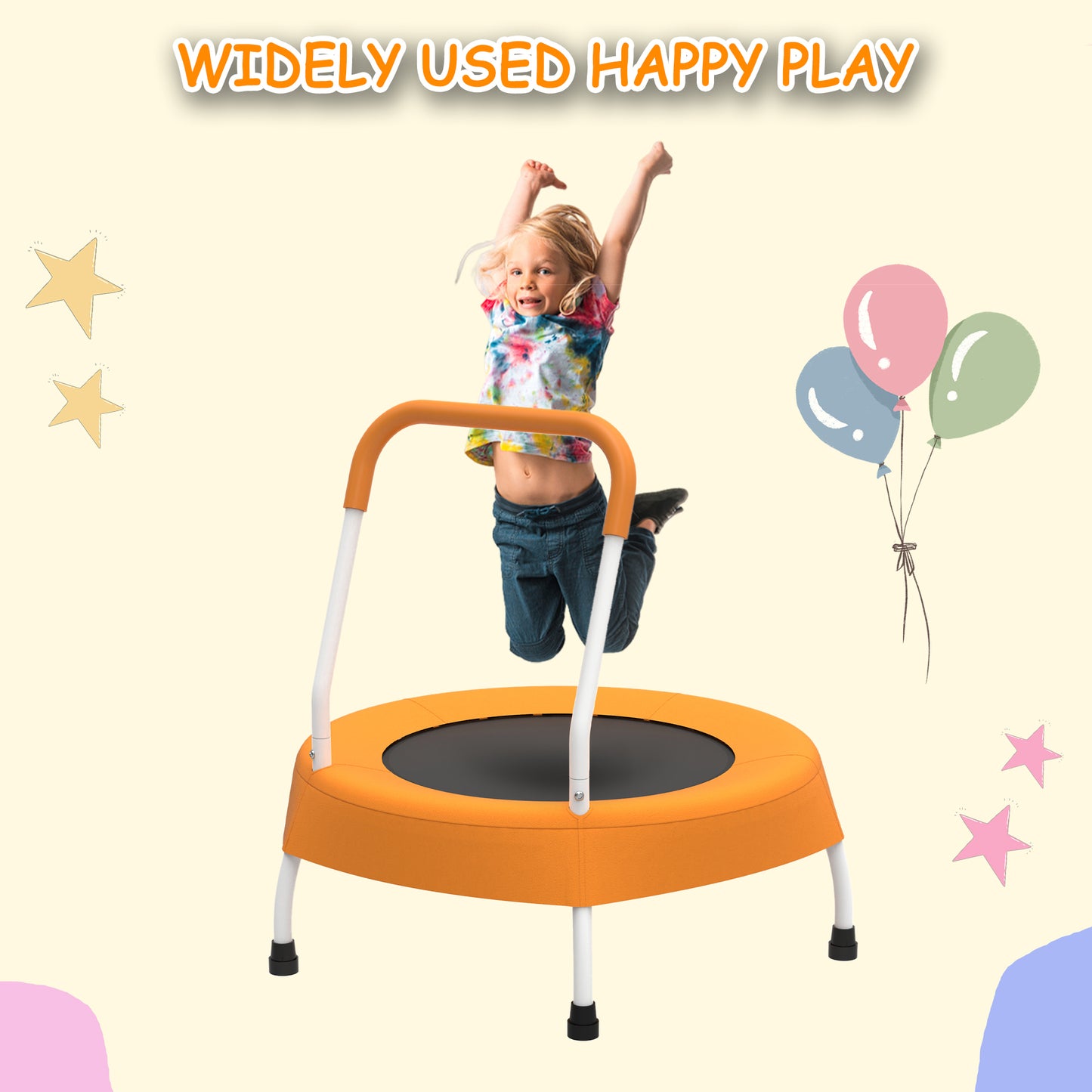 A little girl is jumping on a MyFunGear mini trampoline with a handlebar