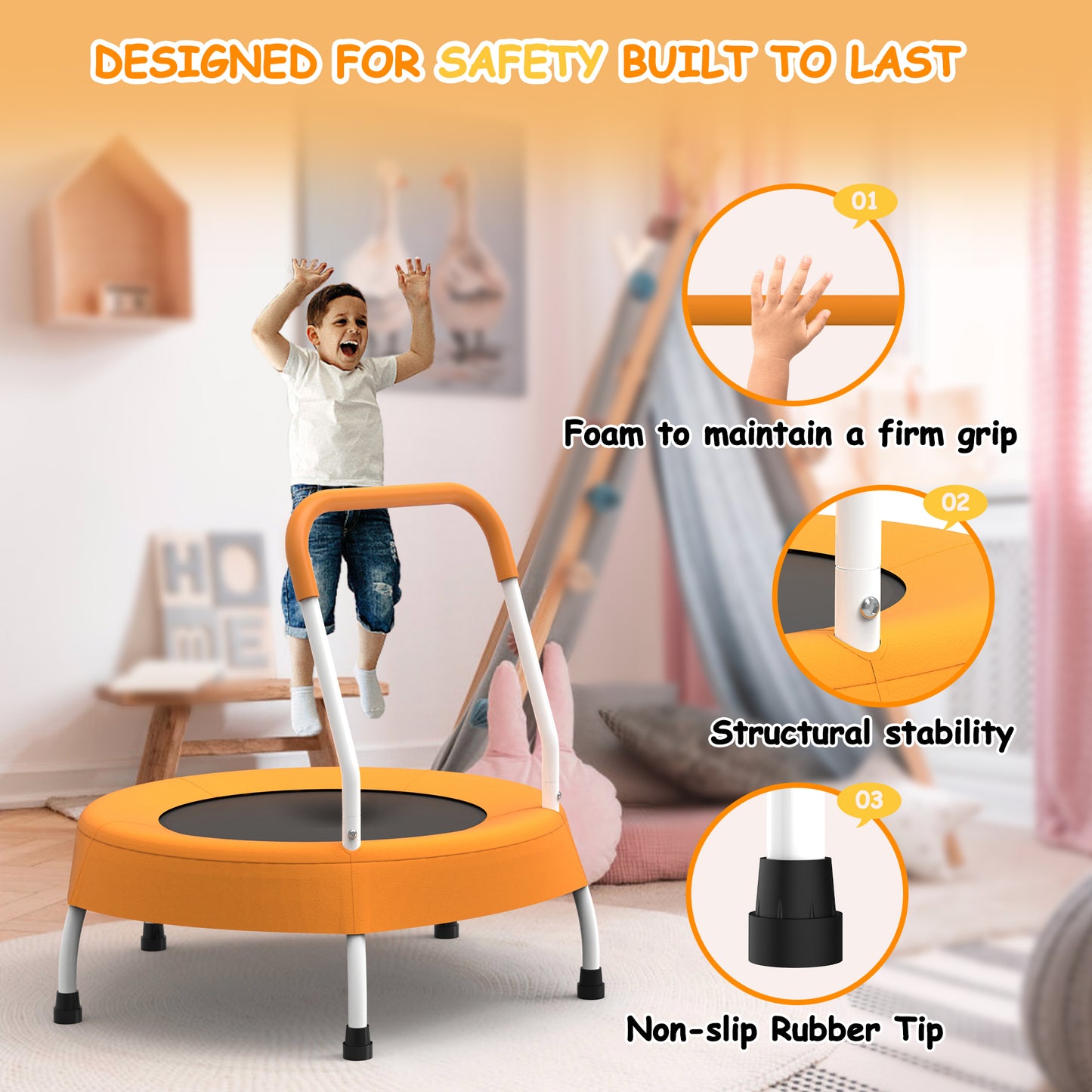 The MyFunGear orange mini trampoline is safe and durable, with a handle covered in comfortable foam and legs equipped with non-slip rubber caps