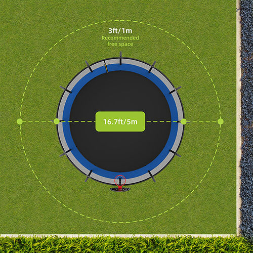 the widest diameter of the 16ft trampoline is 16.7 ft, and recommended free space is 3ft.