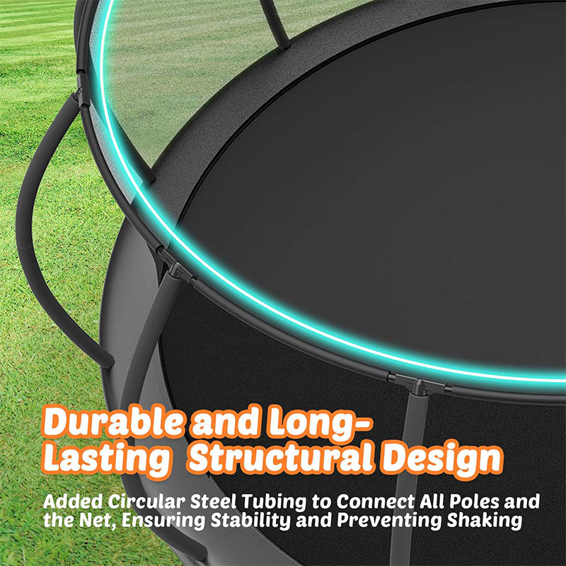 The MyFunGear forti trampoline added Circular Steel Tubing to Connect All Poles and the Net, Ensuring Stability and Preventing Shaking