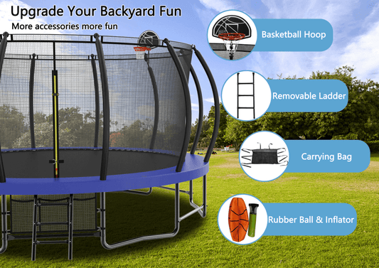 MyFunGear 15ft trampoline come with basketball hoop, removable ladder，carrying bag, rubber ball and inflator.