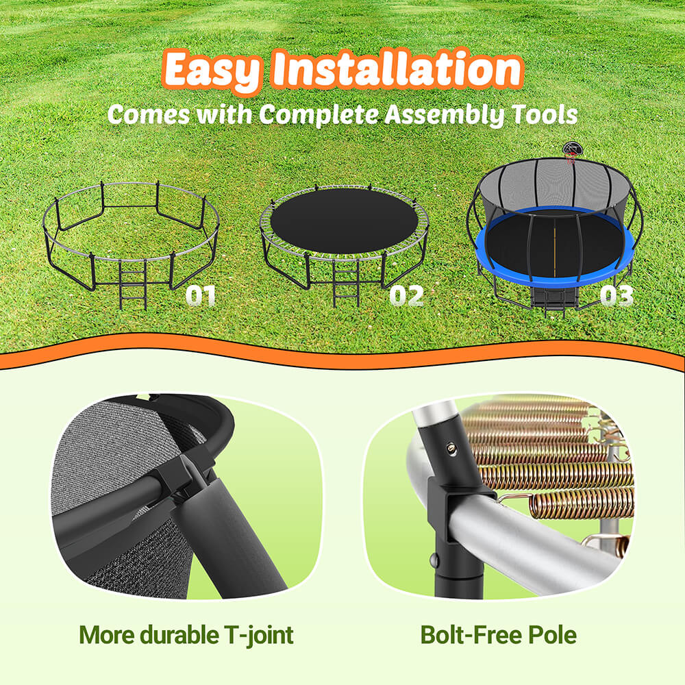 MyFunGear Forti trampoline is easy to install, featuring durable T-joints and screw-free poles.